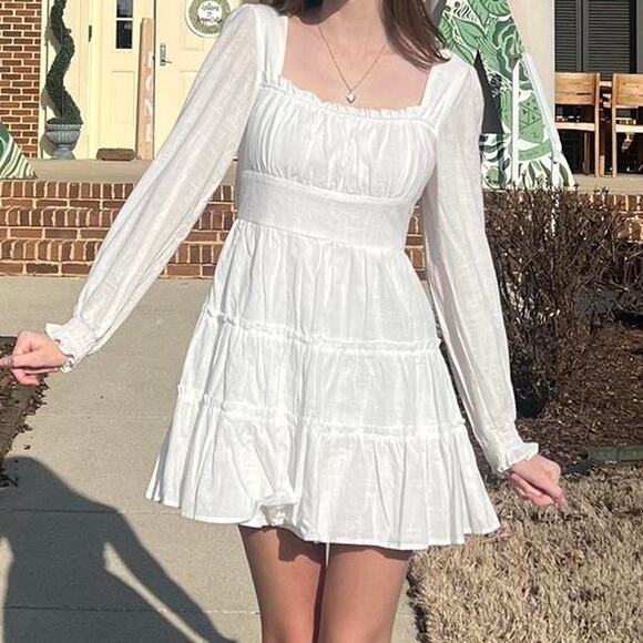 NWT Altar'd State Cotton Ruffled Tiered Mini Dress Size L White Boho Chic Flowy - Picture 1 of 14